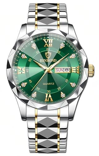 Image of Gosasa Luxury Men's and Women's Business Diamond Stainless Steel Waterproof Roman Numeral Analog Quartz Watch with Day-Date Calendar, Gold and Silver Tone (M-Gold Green, Men), M-gold Green, Men