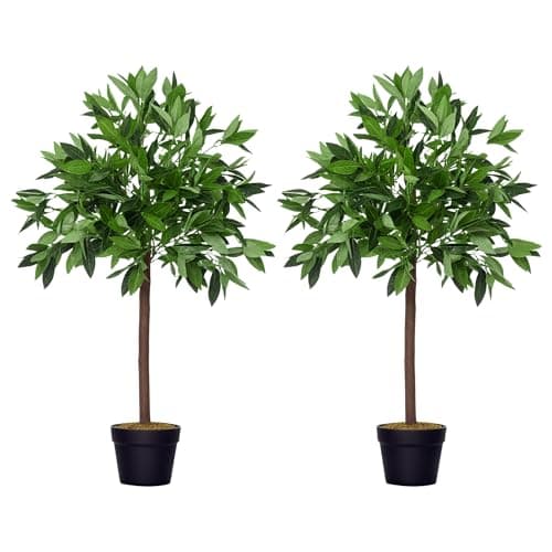 Image of Outsunny Artificial Bay Laurel Topiary Trees w/Pot Fake, Set Of 2 90cm/3FT Indoor Greenery Plant Home Office Garden Decor Green