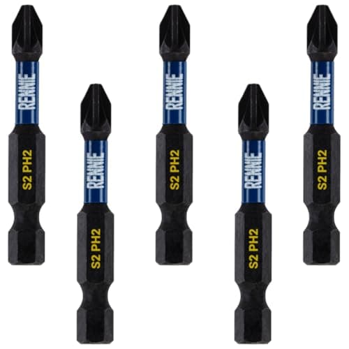 Image of 5 x Rennie Tools 50mm Long PH2 Impact Screwdriver Driver Bits Set. Magnetic Phillips No.2 Heavy Duty Impact Driver Bit Set