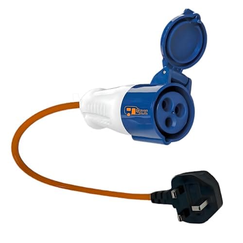 Image of Double Dragon UK caravan mains hook-up adapter – 230V UK 3-pin plug to 16A CEE socket | 13A fused | IP44 splashproof | 50cm hi-vis red fly lead | for campervan, motorhome, RV, boat, generator