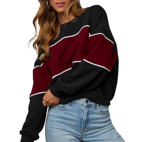 Image of LACOZY Winter Color Block Tunic Sweatshirts for Women Slouchy Long Sleeve Crew Neck Striped Pullover Shirt Tops BlackS