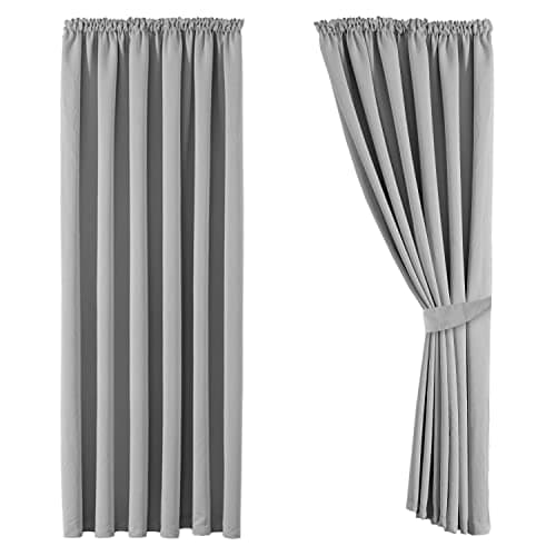 Image of Aspire Homeware Blackout Curtains for Living Room Pencil Pleat Light Grey Bedroom Curtains Tape Top 66 x 72 Drop Super Soft Thermal Insulated Window Curtain Drapes Pair Panel + Tiebacks