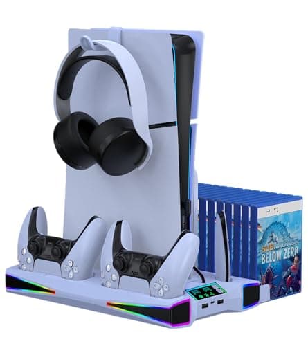 Image of PS5/Slim/Pro Stand and Cooling Station with LED Controller Charging Station for Playstation 5 Console, 2H Fast PS5 Controller Charger, PS5 Accessories with 3 Levels Cooling Fan/Headset Holder