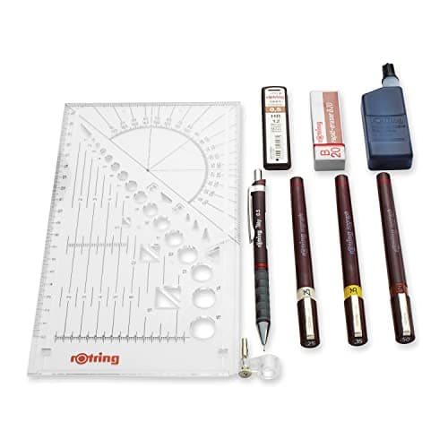 Image of rOtring Isograph Fineliner Pen & Pencil College Set | 3 Technical Pens (0.25mm0.35mm0.50mm) and Mechanical Pencil (0.5mm) + Accessories