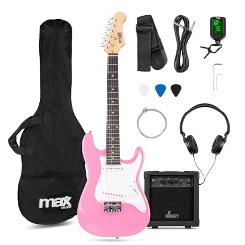 Image of Max GigKit Junior Electric Guitar Starter Pack – Pink 3/4 Size, Beginner Electric Guitar Kit for Children 8-13, 21 Frets, 20W Amplifier, Tuner, Case, Picks and Accessories – Perfect for Learning