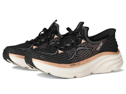 Image of Skechers Women's D'Lux Vapor Evening Glow Slip-On Sneakers, Black Knit/Rose Gold Trim, 8 UK