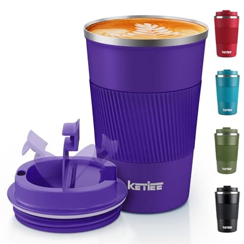 Image of KETIEE Travel Mug Insulated With Leakproof Lid, Reusable Double Walled Coffee Cup, Stainless Steel for Hot Cold Drinks, 380ml Deep Purple