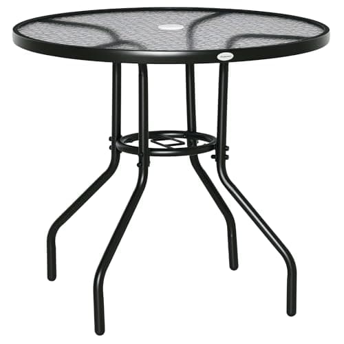 Image of Outsunny Outdoor φ80cm Round Dining Table Tempered Glass Top Steel Frame Bistro Coffee End Side Table Garden w/Parasol Hole