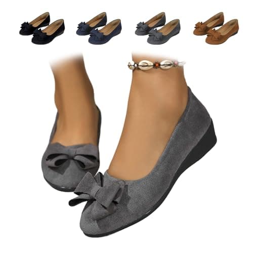Image of Women's Bow-Decorated Wedge Shoes, Comfortable Wedge Slip-On Shoes Low Heel Wedge Ladies Low Heel Work Ballerina Court Shoe (Grey,6)