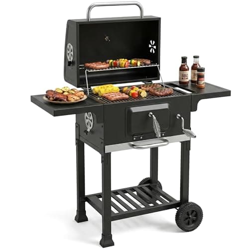 Image of Barbecue Grill, Outdoor XL Charcoal BBQ Smoker with 2 Side Tables, Built-in Thermometer, Adjustable Charcoal Pan & Vent, Warming Rack, Compact Coal BBQ Smoker for Home Garden Party Patio Cooking