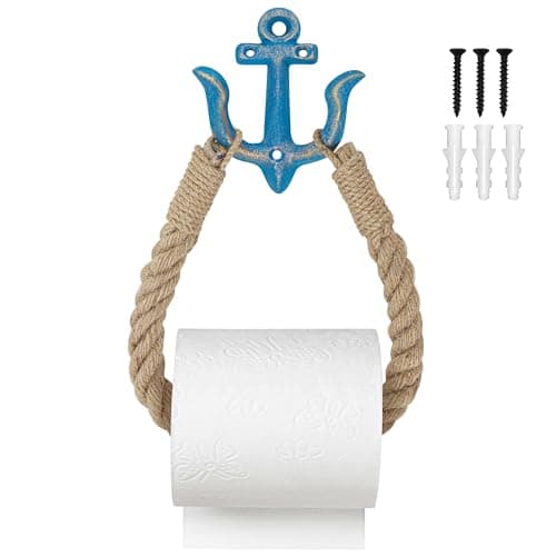 Image of Nautical Toilet Paper Holder Wall-Mounted Rope Roll and Towel Holder for Bathroom, Natural Rustic Jute Rope with Anchor Decor for Beach Seaside Themed (Blue)