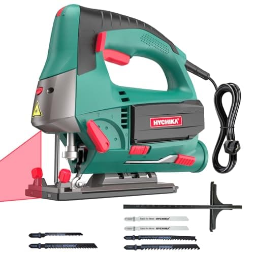 Image of HYCHIKA Jig Saws, 800W Max Cutting Depth 110mm for Metal, 800-3000 SPM Electric Jigsaw with Class 2 Laser, 6 Variable Speeds, 0-3 Orbital Sets, -45° to +45° Bevel Cutting, 6 Blades