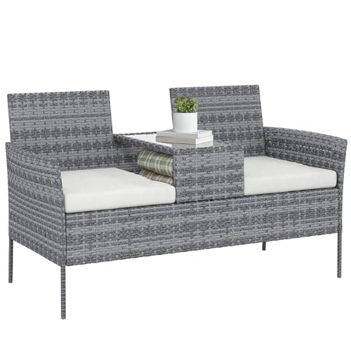 Image of Outsunny 2 Seat Rattan Garden Bench, Patio Wicker Chair with Glass Tea Table, Outdoor Love Seat with Padded Cushions, for Garden, Porch, Mixed Grey/Cream White