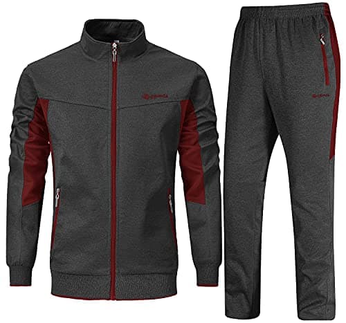 Image of Rdruko Mens Tracksuits Sets Running Jackets Joggers 2 Piece Casual Sweatsuits Sports Lounge Wear Wine Red and Dark Grey L