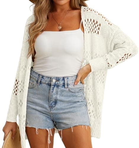 Image of GRECERELLE Crochet Cardigan for Women Summer Beach Cover Up Lightweight Hollowed Out Open Front Long Cardigans Ladies Sun Protection Beachwear (White, M)