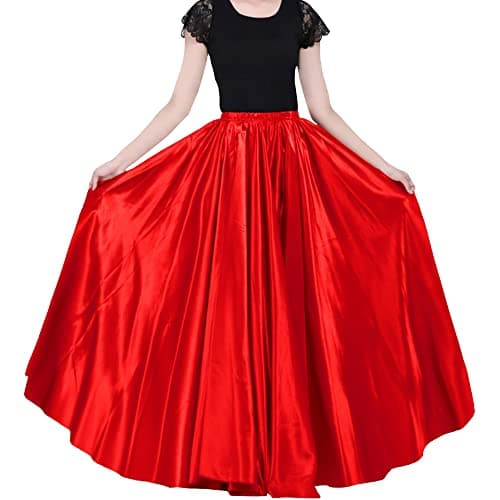 Image of Ladies 90 cm Satin Maxi Midi Skirt Long Dress Elastic Waist for Belly Dance Princess Party Cosplay Costume, red, One Size