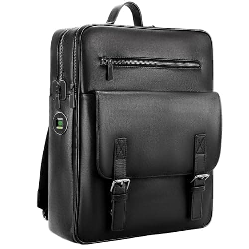 Image of BBMars Anti-Theft Fingerprint Lock Backpack – Black Leather Laptop Backpack for Men, Water-Resistant Business Travel Bag, Fits 15.6 Inch Laptop, Smart Secure Professional Daypack