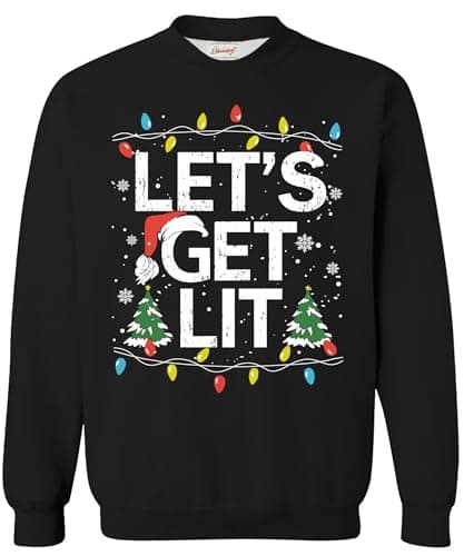 Image of Adult Funny Xmas Pullover Novelty Fleece Xmas Round Neck Let's Get Lit Black Graphic New Year Sweatshirt XXL