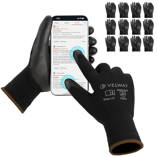 Image of Velway Work Gloves Touchscreen with Grip - 12 Pairs PU Coated Mechanics Gloves for Men Women - Lightweight Breathable Seamless Knit for Gardening Warehouse General Duty Work - Black Size 9/L
