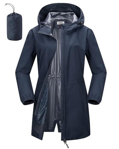 Image of Outdoor Ventures Women's Rain Jacket Waterproof Packable Rain Coat Long Lightweight Packaway Windbreaker Breathable Running Golf Cycling Jacket with Hood Navy Blue M/UK12