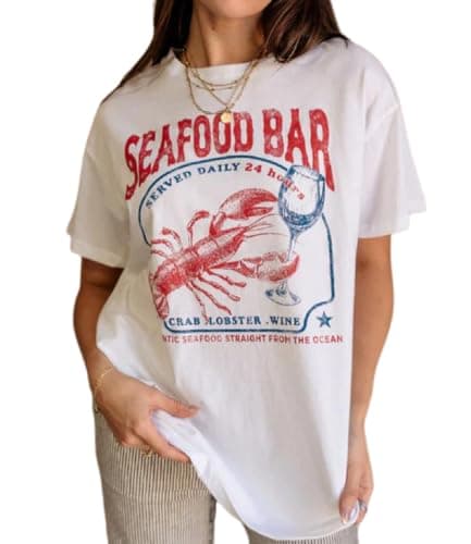 Image of Women Cute Graphic Oversized Tees Lobster Printed Y2K Baggy T Shirts Teen Girls Preppy Vintage Aesthetic Summer Tops (White, M)