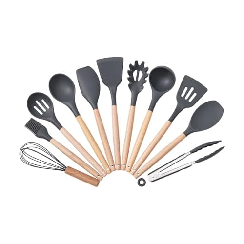 Image of The Fellie Kitchen Utensils Set - 12pcs Silicone Cooking Utensils Set with Holder, BPA Free Food Grade Non Stick Kitchen Utensils with Wooden Handle, Heat Resistant & Easy Clean(Dark Grey)
