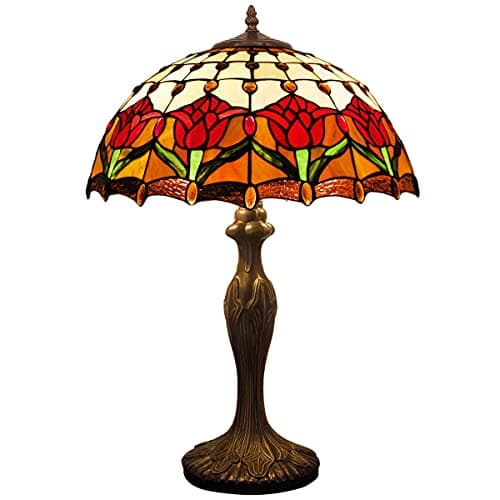 Image of WERFACTORY Tiffany Table Lamp Red Stained Glass Tulip Lamp 16X16X24 Inches Desk Reading Light Metal Base Decor Bedroom Living Room Home Office S030 Series…