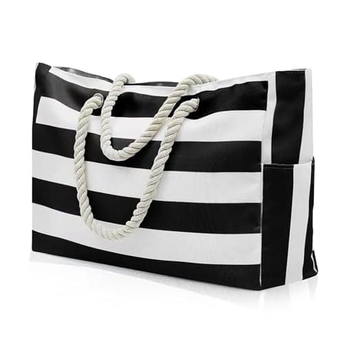 Image of Megcdtr Large Beach Bag, Stripe Tote Bag with Zip, Family Swimming Pool Bag, Waterproof Foldable Handbag Shopping Bag, Suitable for Travel Shopping Beach and Gym (Black and white)