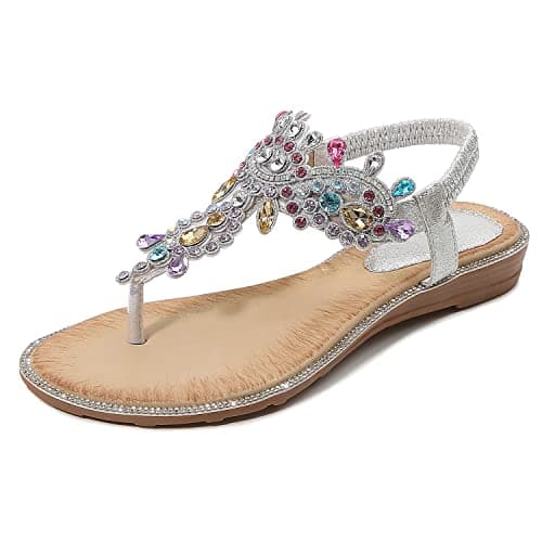 Image of iCKER Women's Flat Sandals Ladies Thong Flat Sandals Bohemian Beaded Strap Sandals Diamante Rhinestone Leather Sandals, 8UK(label size 42), Silver PD01