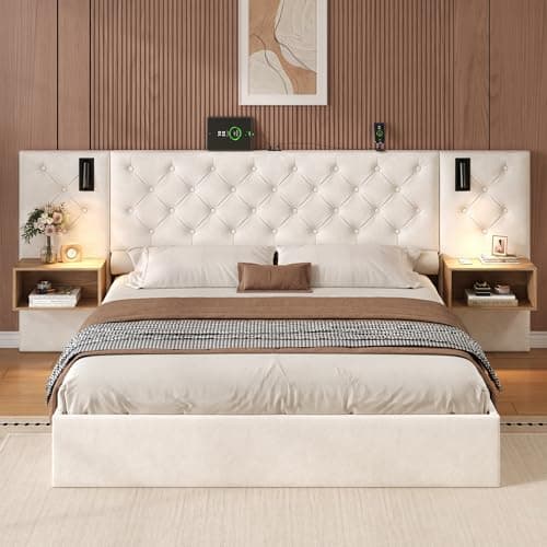 Image of Merax 5ft King Size Ottoman Bed Frame, Upholstered Bed with Wide Headboard, Velvet Hydraulic Storage Bed with Charging Station, Reading Light & Bedside Storage, Beige/150x200 cm (No Mattress)