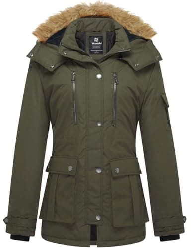 Image of Wantdo Women's Winter Hooded Windproof Coat Warm Cotton Padded Coats Classic Casual Ladies Jacket Outdoor Parka Jackets Army Green 2XL