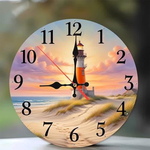 Image of Jinmer 6 Inch Wall Clock,Seaside Scenery Lighthouse Modern Silent Non ticking Clocks, Wooden Frameless Round Easy to Read wall clock for Kitchen/Living Room/Bedroom/Bathroom