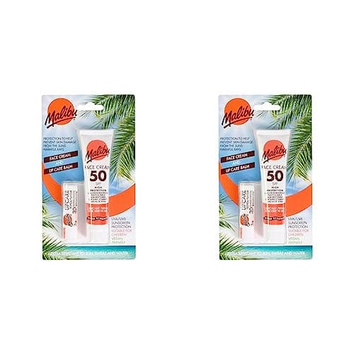 Image of Malibu Sun Duo Pack, SPF 50 Face Cream Sunscreen and SPF 30 Lip Balm Protection, Water Resistant, 2 Piece, 40ml and 5g (Pack of 2)