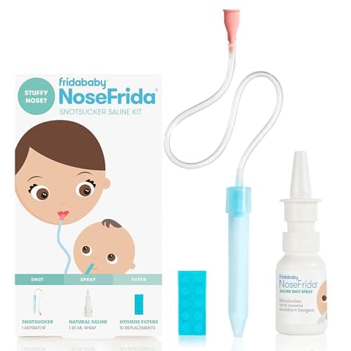 Image of Frida Baby NoseFrida the SnotSucker Saline Bundle: Nasal Aspirator for Baby, Baby Nose Sucker, NoseFrida + 10 Hygiene Filters + 20ml All-Natural Saline Spray