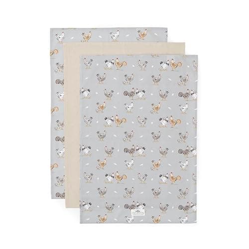 Image of Cooksmart Hen House Lane 3 Pack Tea Towels | British Designed 100% Cotton Kitchen Towels | Farmhouse-Inspired Sage Grey Design | Soft, Absorbent & Durable Dish Cloths | Machine Washable
