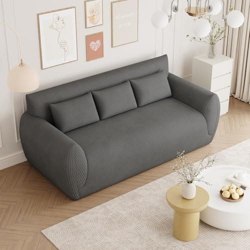 Image of Vesgantti Corduroy Compressed 3 Seater Sofa, No Assembly Required 200cm Floor Sofa, Comfy Couch with 3 Supportive Pillows, Perfect for Living Room Bedroom Office Small Space,200L*94D*80Hcm,Dark Grey