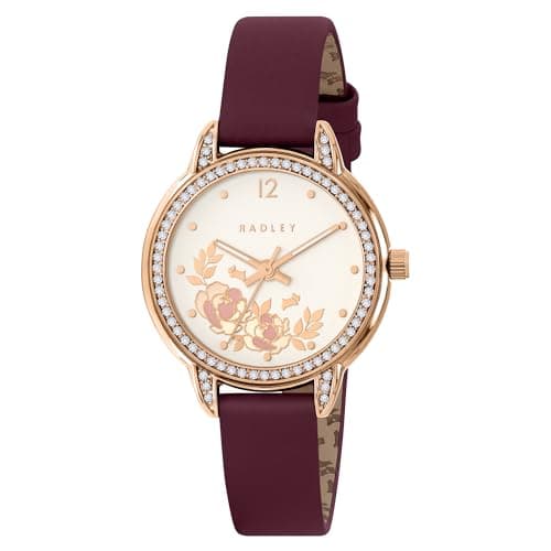 Image of RADLEY Womens Rose Gold Plated Stone Set Floral Cranberry Red Leather Strap Analogue Watch