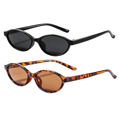 Image of Oval Sunglasses Womens, Classic Black Frame with Grey Lenses and Leopard Print Frame with Brown Lenses, Two Pairs of Small Frame Oval Sunglasses for Everyday Wear and Fashionable Outfits, Durable and