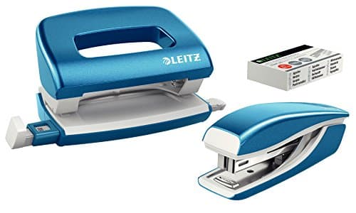 Image of Leitz 55612036 Mini Stapler and Hole Punch Set, Staple or Punch Up to 10 Sheets, Includes P2 N°10 Staples, WOW Range, Metallic Blue