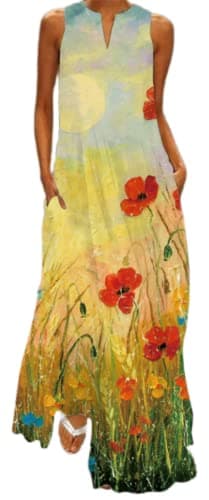 Image of Ocean Plus Women's Long Skirt Vintage Print Dress with V-Neck Sleeveless Pocket Summer Dress (S, Paint)