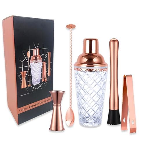 Image of Chabrias Ltd Premium Cocktail Kit 5-Piece With Gift Box Stainless Steel Copper Coated Barware– 450ml Copper & Glass Cocktail Shaker, Mixing Spoon, Double Jigger, Muddler, Tongs, Bartender Kit