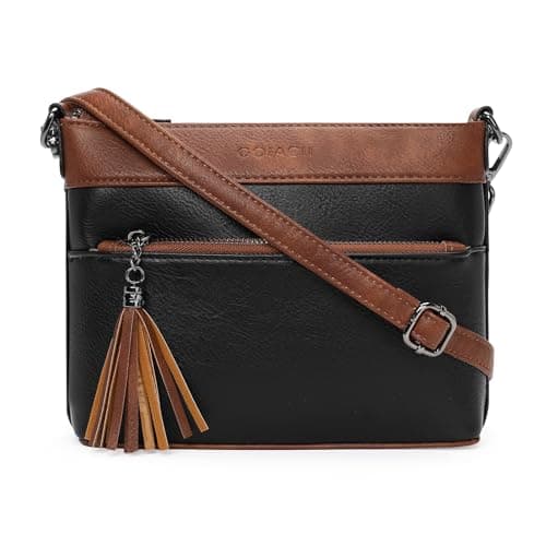Image of GOIACII Shoulder Bags for Women Small Mobile Phone Bag Shoulder Handbags Vegan Leather with Tassel Zip Pocket Black Brown