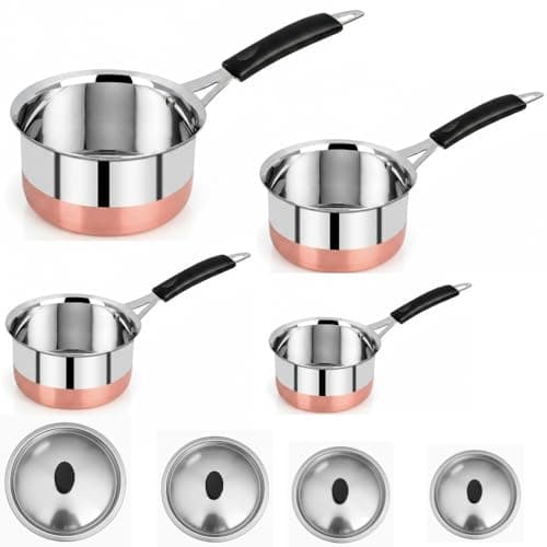 Image of 8 Pcs Set - Stainless Steel Copper Bottom Saucepan With Lid, Copper Bottom Sauce Pan Tea Coffee Pan, Tapeli Patila, Sauce Pot Cookware with Handle (800 ml, 1200 ml,1700 ml and 2000 ml)