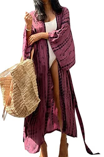 Image of LikeJump Women's Long Floral Kimono Dressing Gown Beach Bikini Cover-Ups Maxi Dress Plus Size Summer Robe