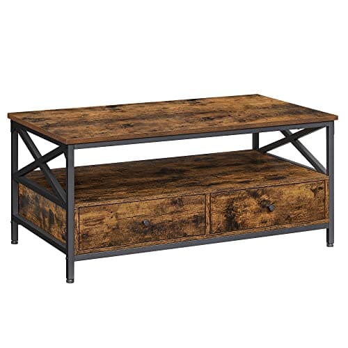 Image of VASAGLE Coffee Table, Living Room Table, Low Sideboard, with 2 Drawers and One Open Compartment, Steel Frame X-Shape, 100 x 55 x 45 cm, Industrial Style, Rustic Brown and Black LCT201B01
