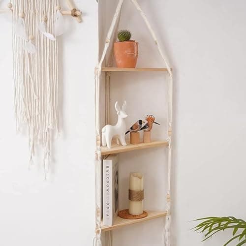 Image of 3 Tier Cotton Macrame Hanging Corner Shelf, Indoor Plants Hanging Shelves, Boho Wall HangingShelves, Handmade Woven Beige Floating Shelf for Rustic or Bohemian Farmhouse Bedroom Decor