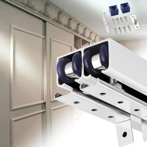 Image of EXCLURA Double Pocket Door Track 24 28 36 48 Inch, Closet Sliding Door Tracks with Wheels, Bypass Barn Door Hardware Kit Aluminum Track, Sliding Door Rail(Silver,3.2m/10.5ft)