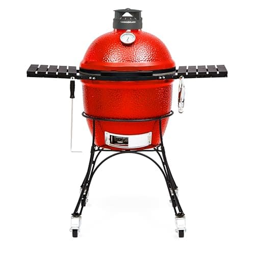 Image of Kamado Joe Classic Joe Series II 18-Inch Ceramic Charcoal BBQ & Smoker with Cart, Side Shelves & Stainless Steel Grates, 250 sq in – Red
