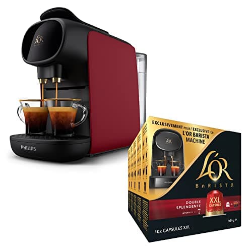 Image of L'OR BARISTA Sublime Coffee Machine Red by Philips with L'OR Double Splendente XXL 5X10PC, Double Shot, Aluminium Coffee Capsules (Total 50 XXL Capsules) Intensity 7