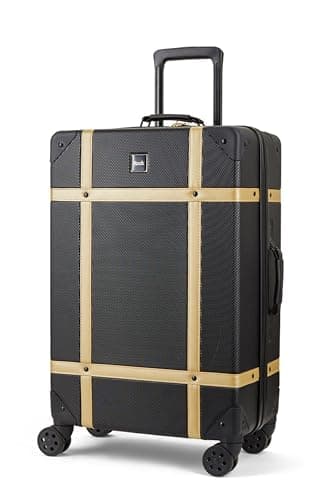 Image of Rock Vintage Medium Hard Shell Hold Suitcase in Black/Gold - Nostalgic Design, Dual 360 Swivel-Wheels, Telescopic Handle, Impact-Resistant Material & TSA Combination Lock - 67 x 41 x 26 cm 4.1KG